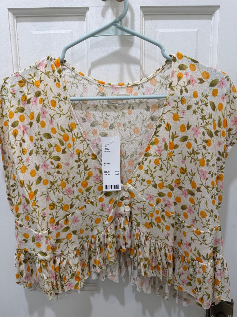 Urban Outfitters Cream Floral V-Neck Button Crop Blouse with Orange & Pink Print